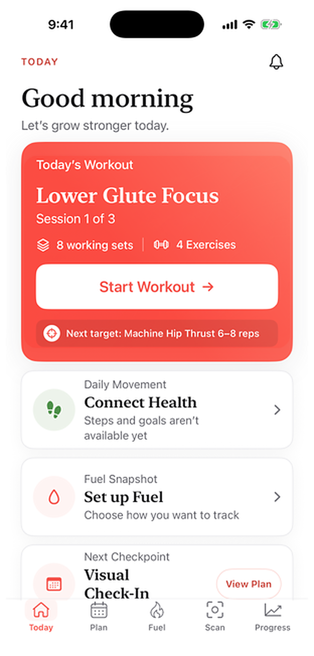 Glute AI Today screen showing the day's glute workout: Lower Glute Focus, session 1 of 3, 8 working sets, 4 exercises, next target Machine Hip Thrust 6 to 8 reps