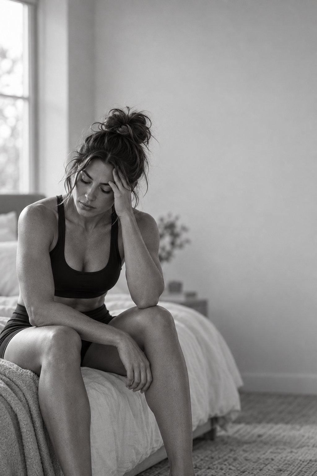 Black and white photo of a woman sitting on the edge of a bed with her hand on her head, unsure which glute exercises to do